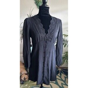 ZARA Front Lace Long Sleeve Button Front Dress Size Medium Black  Gothic